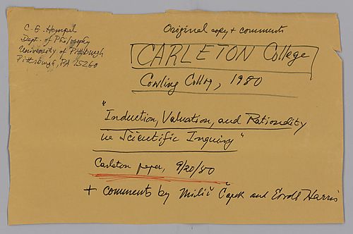 "Induction, Valuation, and Rationality in Scientific Inquiry," & Comments by Milic Capek & Errol Harris, Lecture Carleton College,