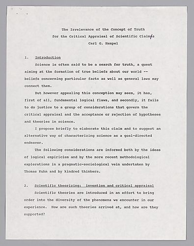 "The Irrelevance of the Concept of Truth for the Critical Appraisal of Scientific Claims," undated
