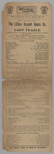 Theatre program - Lillian Russell Opera Company in Lady Teazle