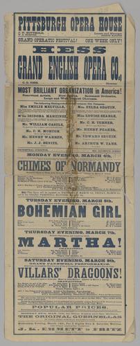 Broadside - Hess' Grand English Opera Company in The Chimes of Normandy; Bohemian Girl; Martha; Villars' Dragoons