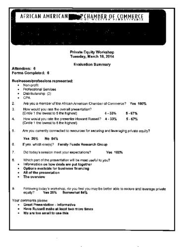 Private Equity Workshop-Evaluation Summary