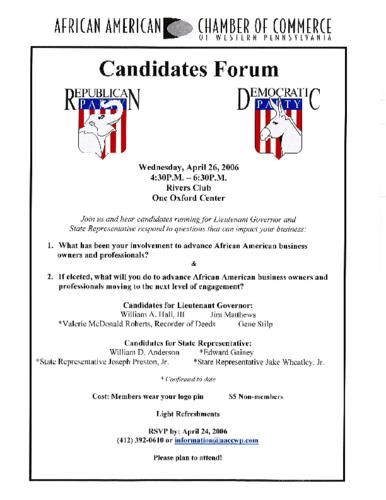 Lieutenant Governor Candidates and PA State Representative Candidates