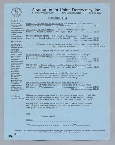 Association for Union Democracy Literature Order Form