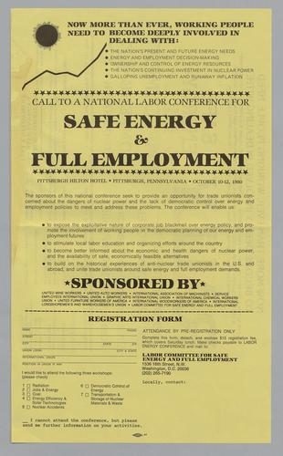 "Call to a National Labor Conference for Safe Energy & Full Employment" Flyer