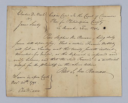 Pierre-Etienne Du Ponceau [signed Peter Du Ponceau], Affidavit