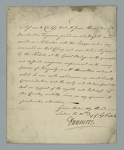 John Murray, 4th Earl of Dunmore, Certification of James Hamilton's military service