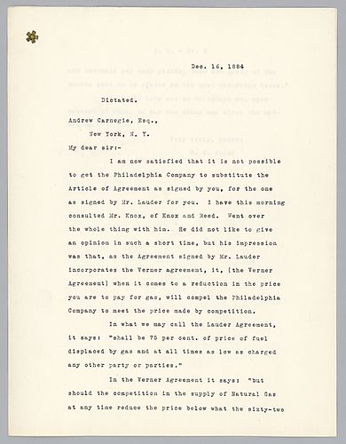 Writing to Carnegie in New York, Frick discusses the price and purchase of natural gas