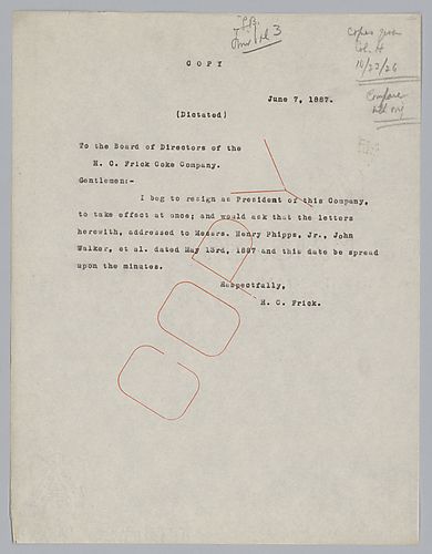Frick writes informing of his intent to resign as president of the company