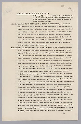 Radio Broadcast Transcription of a Posthumous Homage to Ramón Gómez de la Serna from L.S.1. Radio Municipal de la Ciudad de Buenos Aires