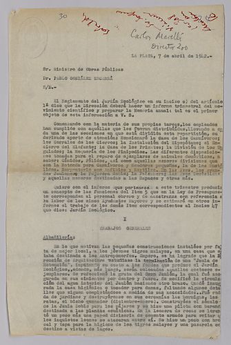 Typed Letter from Carlos Marelli, Zoo Director, to Dr. Pablo González Escarrá, Minister of Public Works