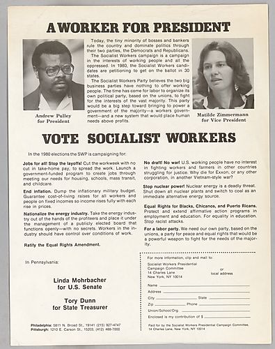 "A Worker for President, Vote Socialist Workers" Flyer