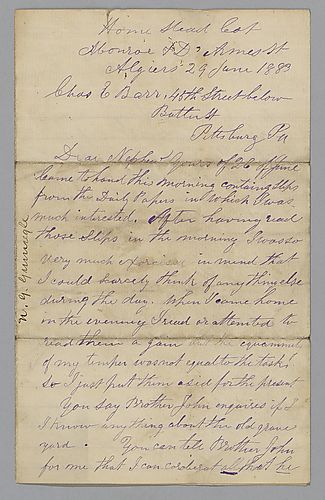 Letter from Nathaniel G. Gunnegle to nephew, Charles E. Barr
