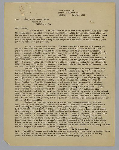 Letter from Nathaniel G. Gunnegle to nephew Charles E. Barr, retyped by Evelyn Morneweck (2 copies)