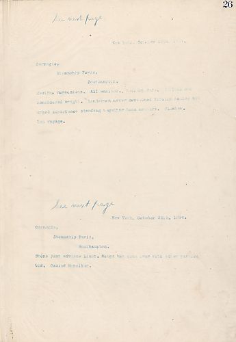 Writing from New York, [N.Y.], Frick writes that Stone advised Lieut. Meigs to go over with other parties, and that Frick cabled Hunsiker