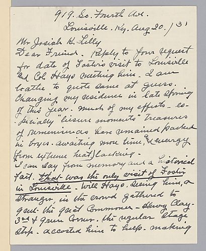 From Mrs. William Shakespeare Hays to Josiah Lilly