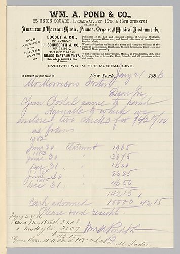 Cover letter for January 1886 royalties from William A. Pond & Co.