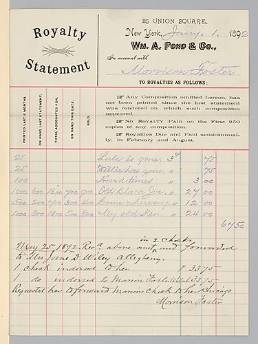 January 1892 royalty statement from William A. Pond & Co.