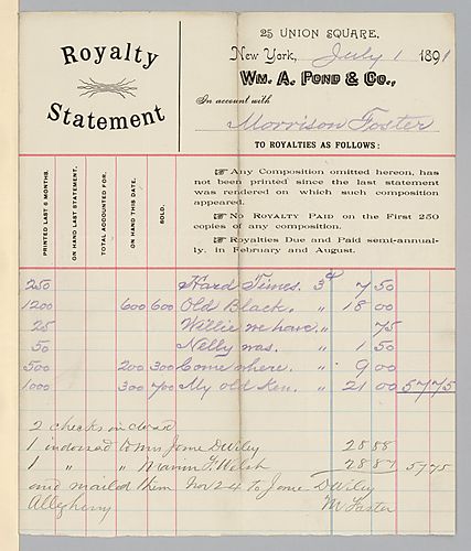 July 1891 royalty statement and cover letter from William A. Pond & Co.