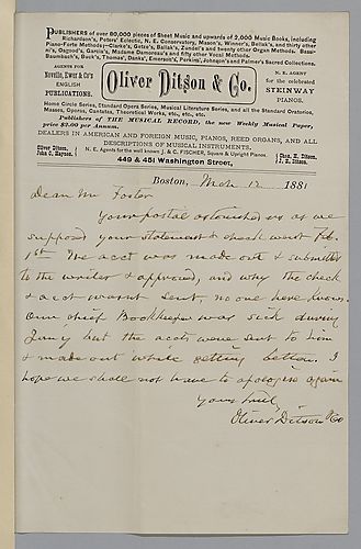 January 1881 cover letter & royalty statement from Oliver Ditson & Co.