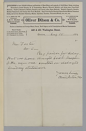 Cover letter for July 1884 royalty statement from Oliver Ditson & Co.
