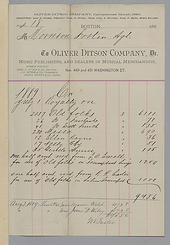 July 1889 royalty statement from Oliver Ditson & Co.