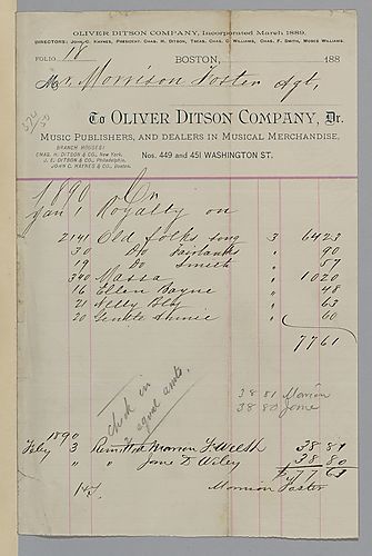January 1890 royalty statement from Oliver Ditson & Co.