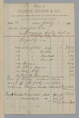 July 1890 royalty statement from Oliver Ditson & Co.