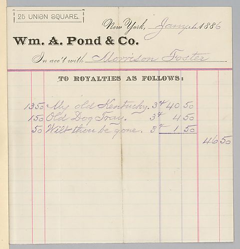 January 1886 royalties from William A. Pond & Co.