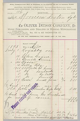 July 1893 royalty statement from Oliver Ditson Company