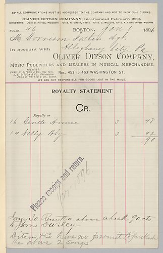 January 1896 royalty statement from Oliver Ditson Company