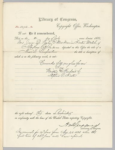Library of Congress copyright certificate for "Comrades Fill No Glass for Me"