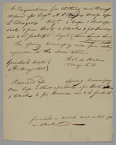 Clothing requisition; Thomas Helms to William Foster