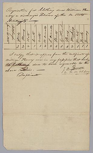 Clothing requisition; J.M. Aebrashel to William Foster