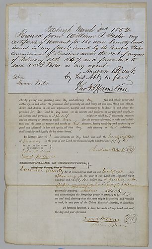 Notice: Land Warrant for Andrew Black; attach: document stating Andrew Black has appointed Thomas Hamilton as his attorney