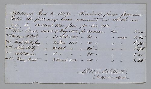 Land warrant purchase receipt, signed by A.S. Bell