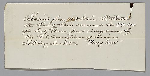 Land warrant receipt 44.616 signed by Harry Quest