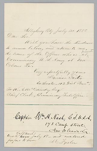 Letter from Morrison Foster to chief clerk, Commissary General's Office, response on bottom