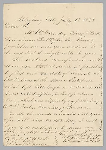 Letter from Morrison Foster to New Orleans subsistence department, response on back