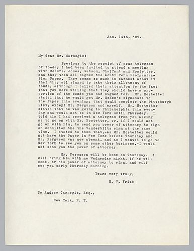 Writing to Carnegie in New York, Frick informs of further details pertaining to the South Pennsylvania [Railroad] agreement
