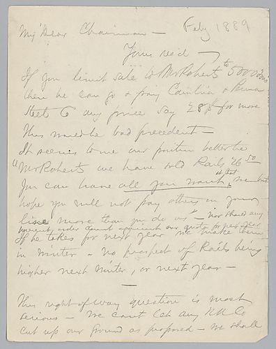 Carnegie instructs Frick over price negotiations with Mr. Roberts, [president of the Pennsylvania Railroad,] and also discusses issues involving other railroad companies