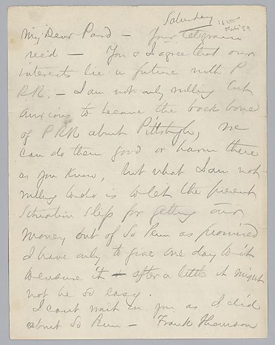 Carnegie discusses future interests with Pennsylvania Railroad and legal matters pertaining to South Pennsylvania [Railroad] and Pennsylvania Railroad