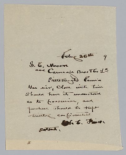 Telegram from Moore in Pittsburgh, Pa. to Frick in Philadelphia, Pa. requesting authorization to close a deal