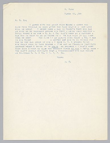 Writing from New York, Carnegie discusses issues concerning Carnegie Brothers and Company, Limited and Henry Clay Frick Coke Company and mentions a matter involving a Mr. Moore at Carnegie Brothers
