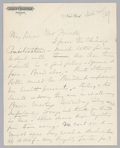 Writing from New York, Carnegie discusses matters in Chicago and requests Frick's attendance to meeting occurring that week. He also mentions a speech, which he gave at the Franklin Institute in Philadelphia, Pa