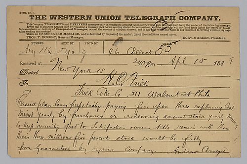 Carnegie writes from New York to Frick in Philadelphia, Pa. and discusses stock