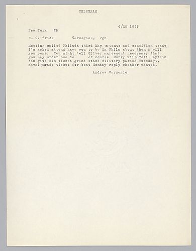 Carnegie writes from New York and informs Frick of meeting to be held in Philadelphia, Pa. on May 3, 1889