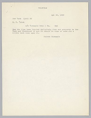 Writing from New York, Carnegie inquires if the rail line from their property to New York to Cleveland has been located and if so requests work be done to it