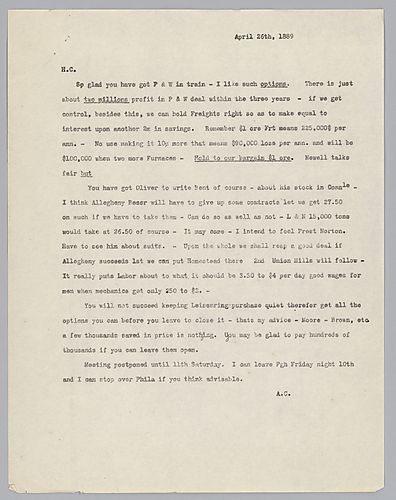 Carnegie writes from New York and discusses business deals, profits and wages