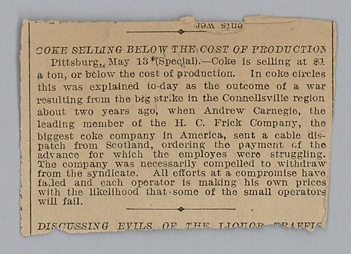 Carnegie discusses coke matters and the price and purchase of ore. A newspaper article was included with the article entitled, "Coke Selling Bellow the Cost of Production," dated May 13