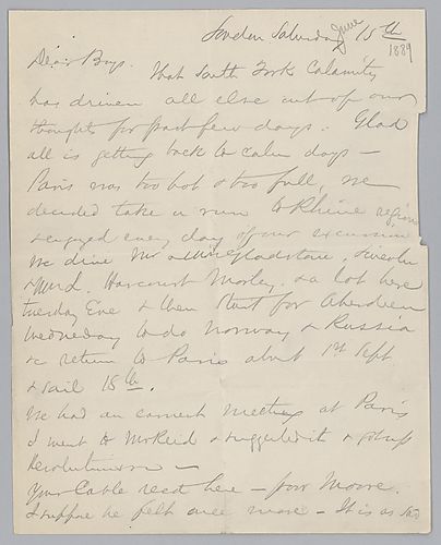 Writing from London, England, Carnegie discusses his trip through Europe; makes reference to the flood in Johnstown; discusses rates of iron and coke and labor negotiations